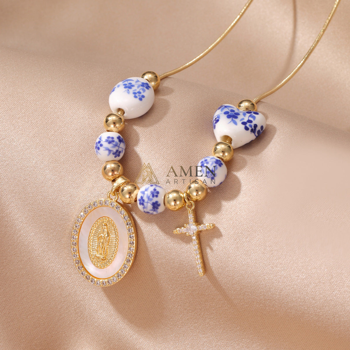 Floral Ceramic and Zircon Virgin Mary Cross Necklace Amen Artisan