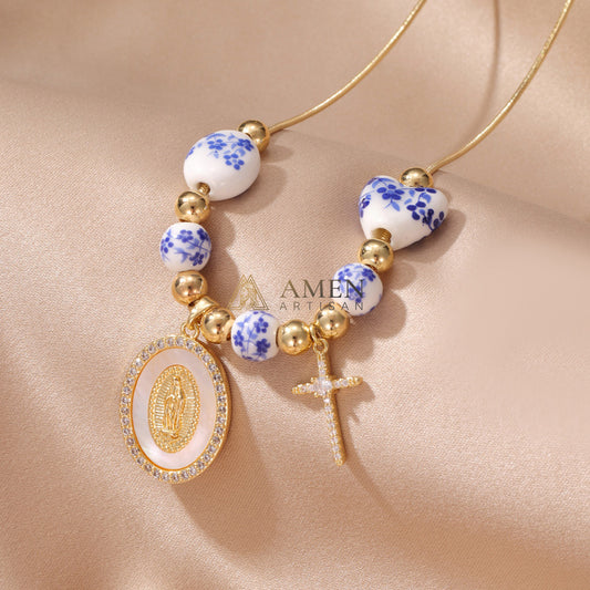 Floral Ceramic and Zircon Virgin Mary Cross Necklace Amen Artisan