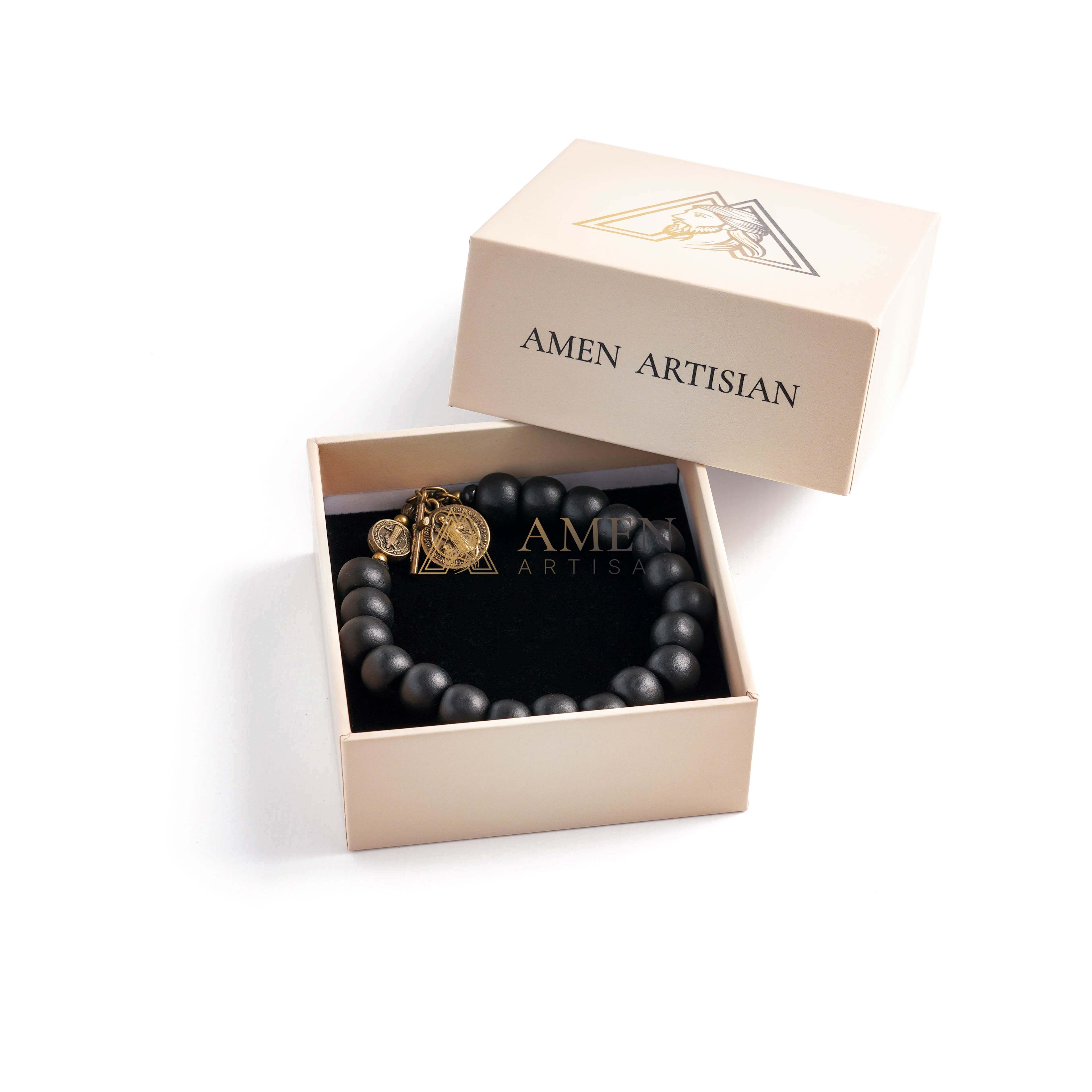 アクセサリー SELF INDULGENCE ARTISANALPULLERBRACELETS Black Wood Beads Brass Saint Benedict Medal Adjustment Bracelet