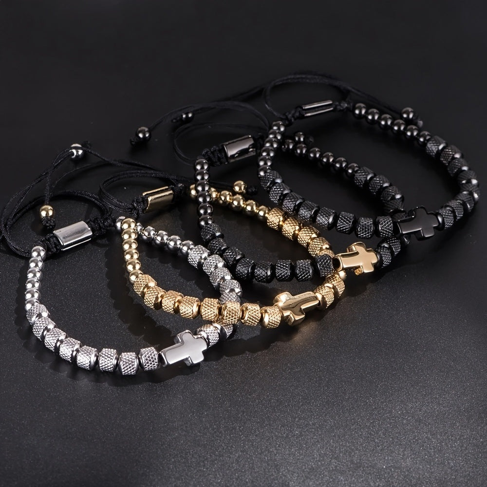 Adjustable Cross Bead Bracelet with Woven Cord