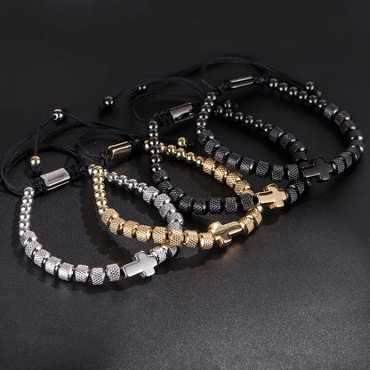 Adjustable Cross Bead Bracelet with Woven Cord
