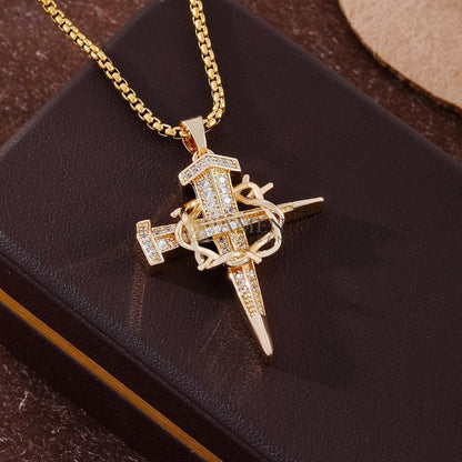 Zircon Nail & Crown of Thorns Cross Pendant Necklace Amen Artisan