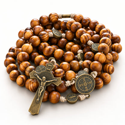 St. Benedict Wooden Rosary with Bronze-Tone Medal Accents