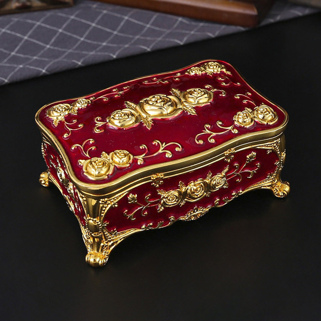Vintage Rose Metal Rosary Keepsake Box with Gold-Tone Details