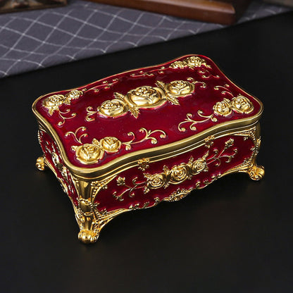 Vintage Rose Metal Rosary Keepsake Box with Gold-Tone Details
