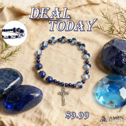 Lapis lazuli Virgin Blue Heart Beads Elastic Cord Bracelet Amen Artisan