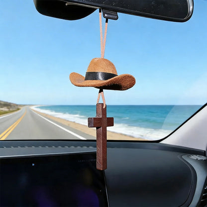 【Deal Today】Western Rearview Mirror Ornament with Cowboy Hat and Cross — Faith | Amen Artisan®