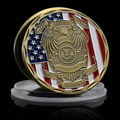 St Michael Challenge Coin - Fallen Officers Memorial with American Flag - Amen Artisan