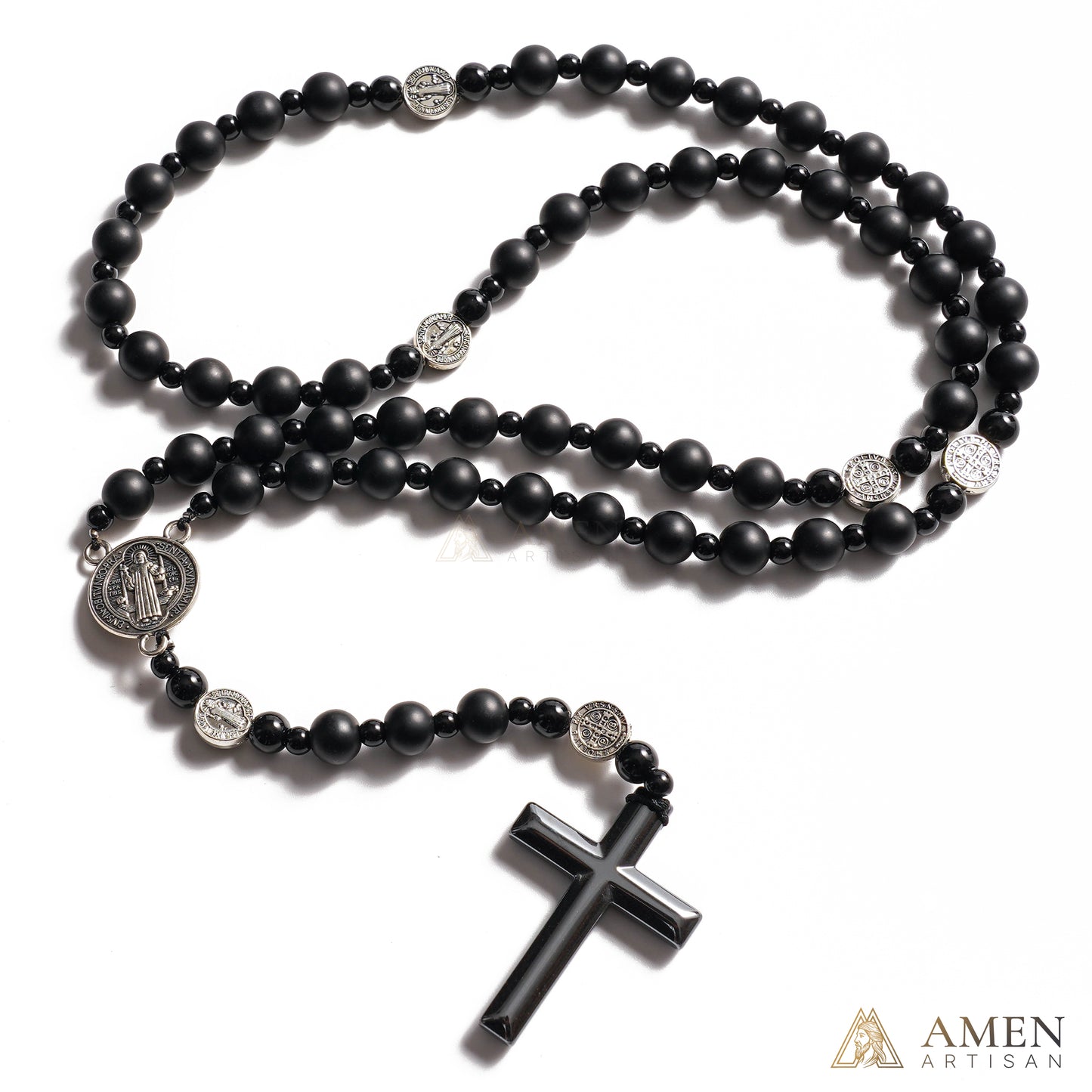 Obsidian St. Benedict Rosary — Black Obsidian Prayer Beads with Saint Benedict Medal for Protection