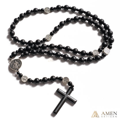 Obsidian St. Benedict Rosary — Black Obsidian Prayer Beads with Saint Benedict Medal for Protection