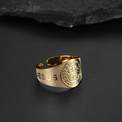 Saint Benedict Cross & Inscriptions "JESUS" Ring Amen Artisan