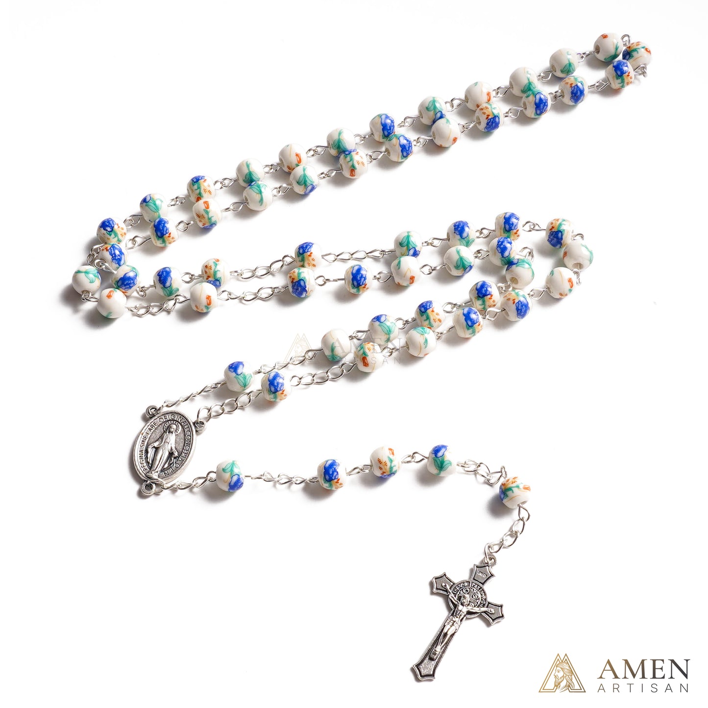 Blue Peony Ceramic Rosary Amen Artisan