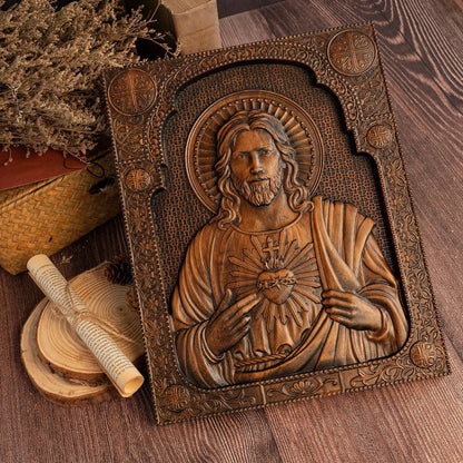 Sacred Heart of Jesus Wood Carved Relief Decor Amen Artisan
