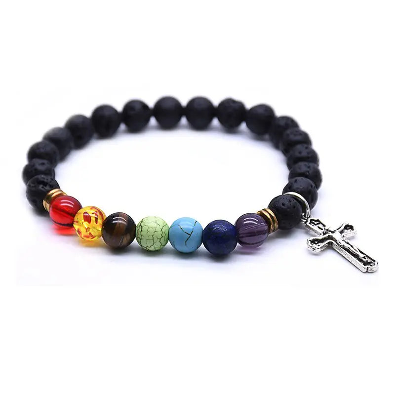 $0.99 Deal 7 Chakra Lava Stone Crucifix Bracelet