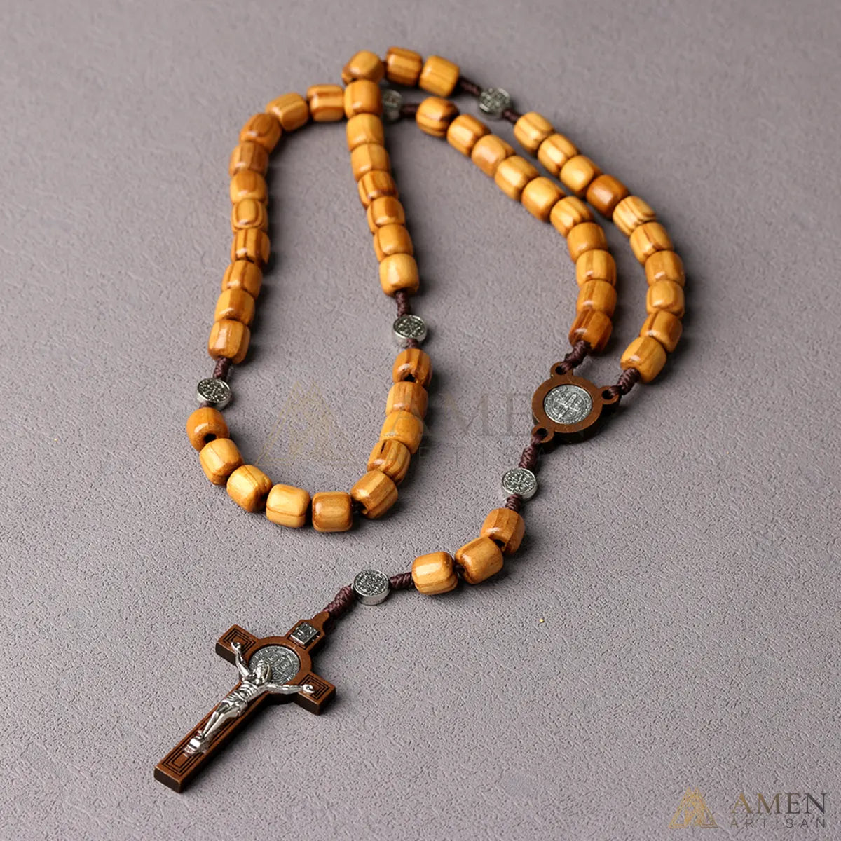 Pine Wood Rosary with Saint Benedict Medal Amen Artisan