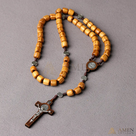 Pine Wood Rosary with Saint Benedict Medal Amen Artisan