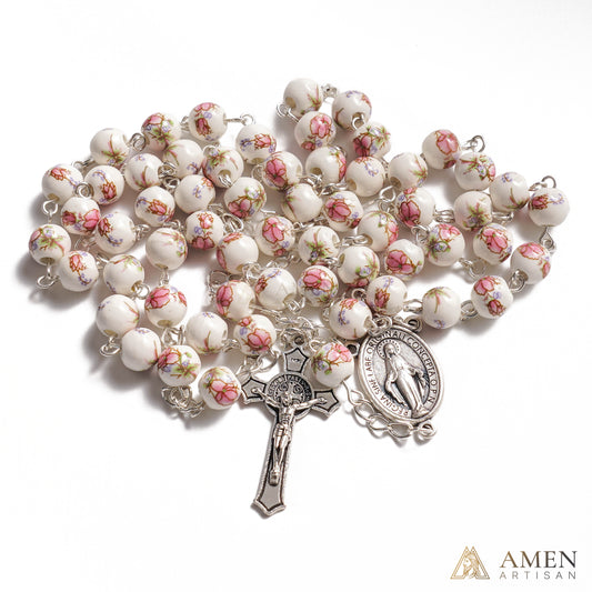 Pink Peony Ceramic Rosary Amen Artisan