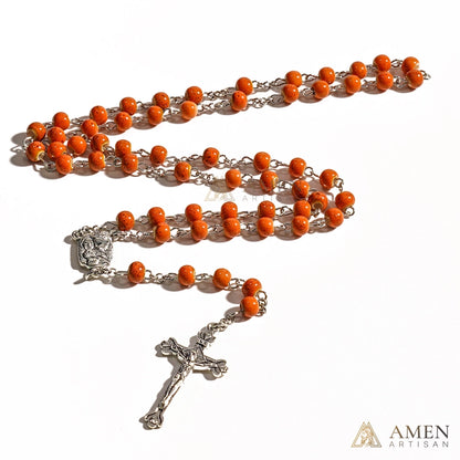 Orange Glazed Ceramic Rosary Amen Artisian