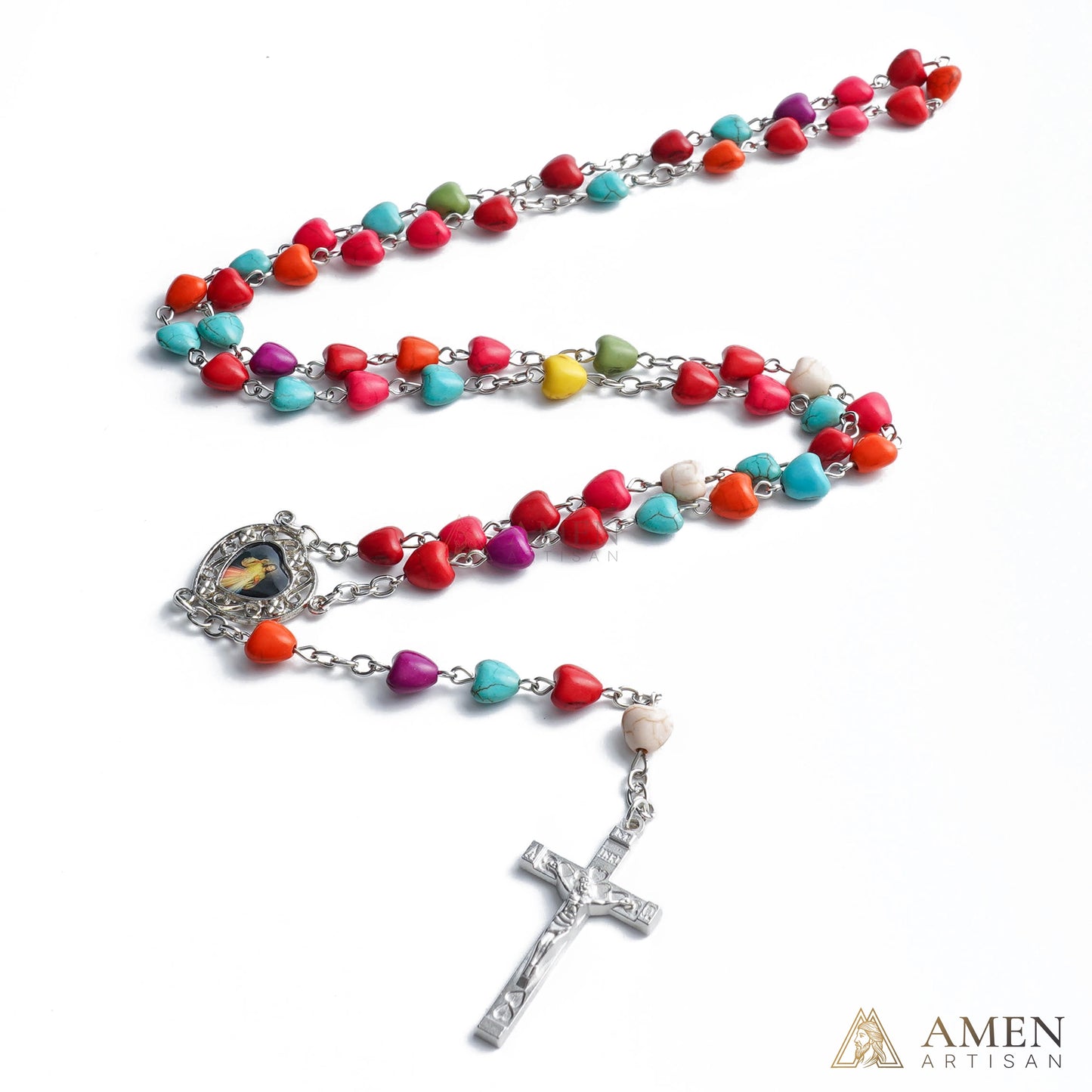 Multicolor Turquoise Heart Rosary Amen Artisan