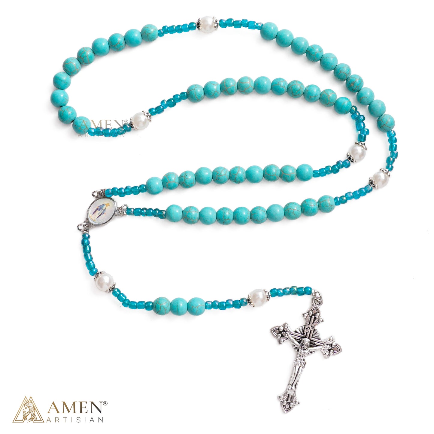 【DEAL TODAY】Blue Beaded Crucifix Necklace with Devotional Medal