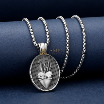 Sacred Heart with Flame & Cross Oval Pendant Necklace Amen Artisan