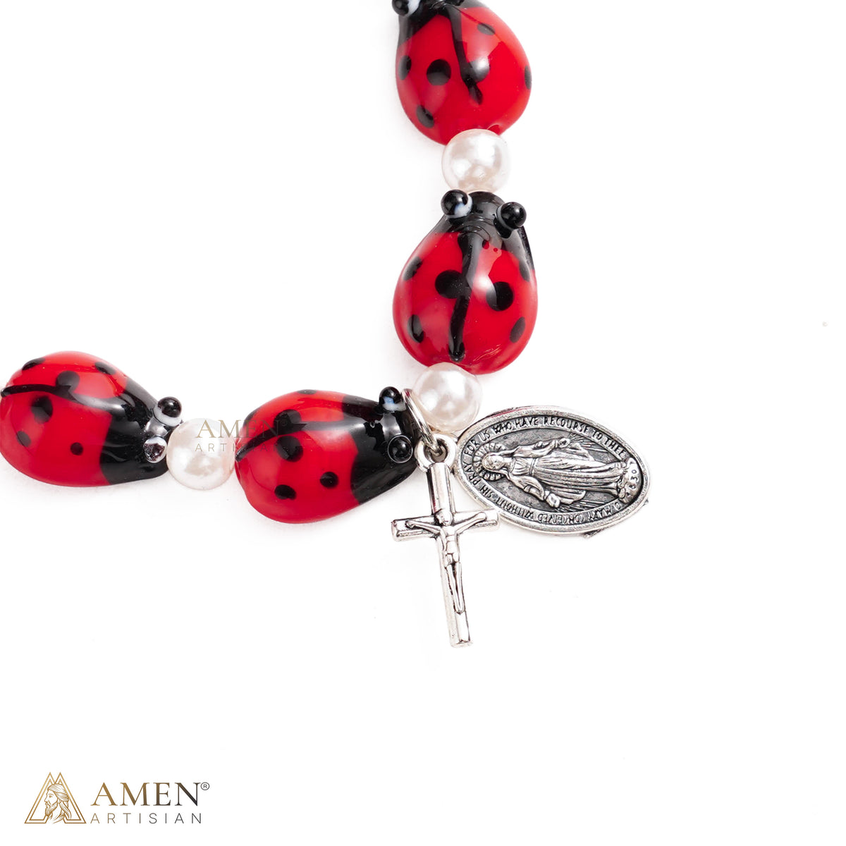 Glass Ladybug Catholic Stretch Bracelet
