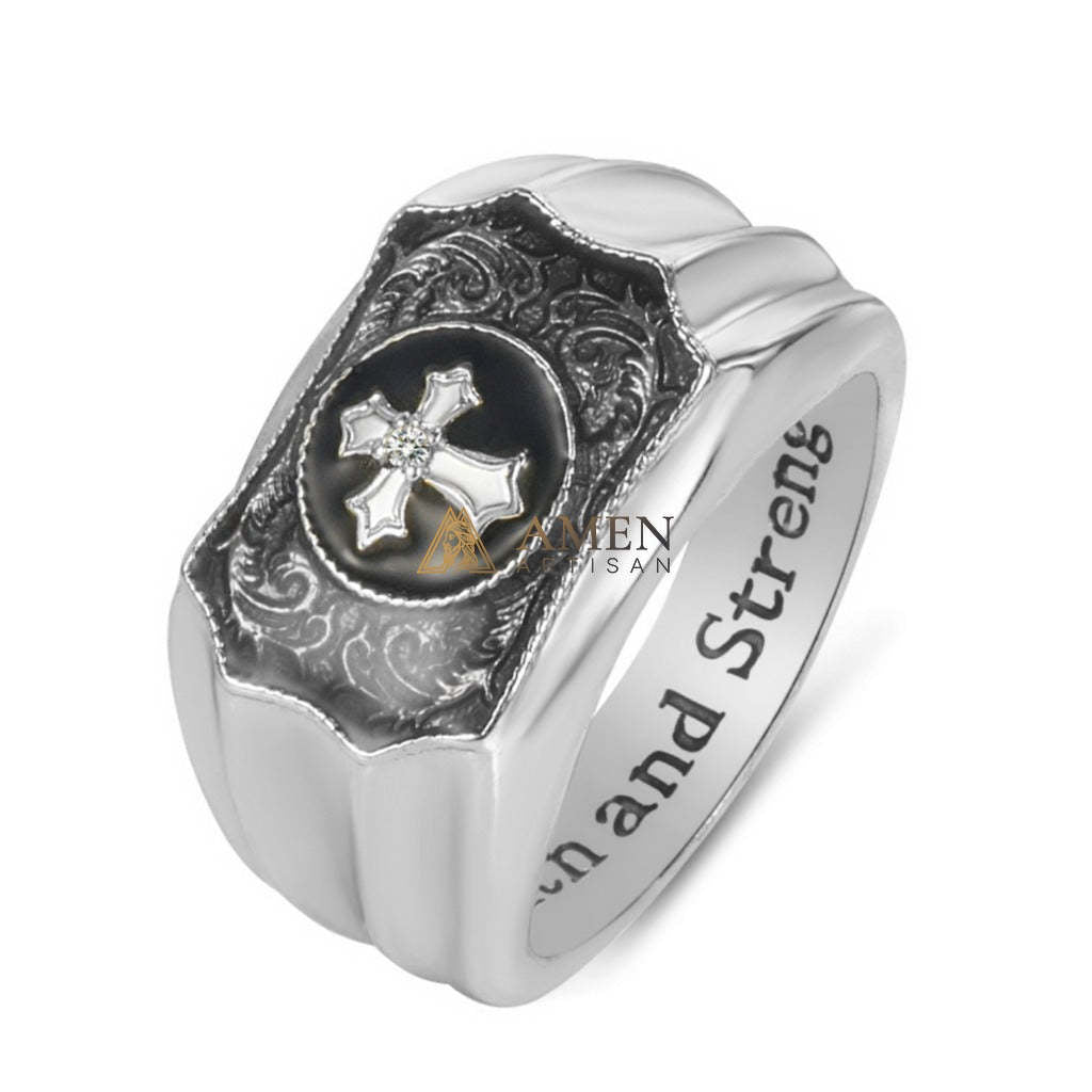 Enamel and Diamond-Encrusted Cross Ring Amen Artisan