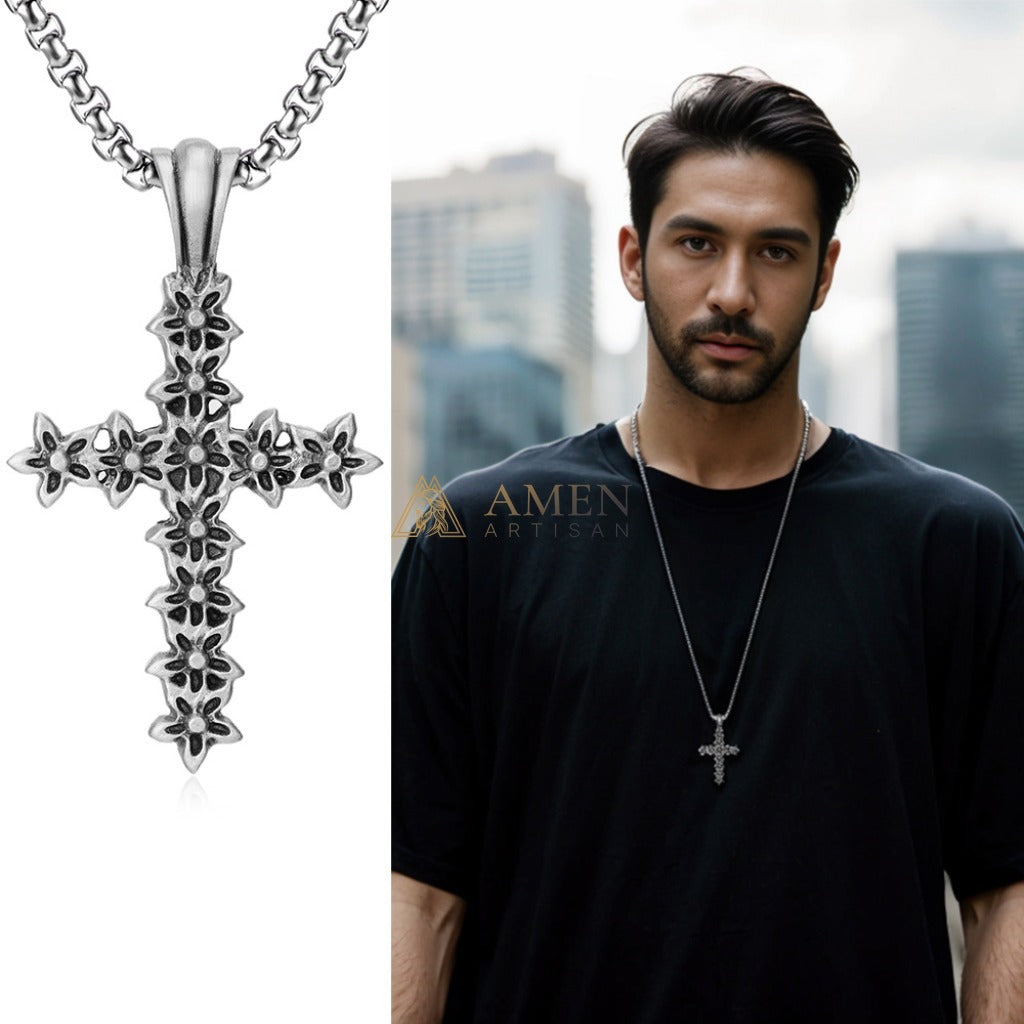 Floral Cross Pendant Necklace Amen Artisan