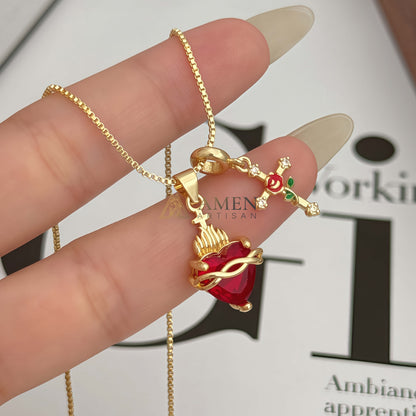 Sacred Heart & Rose Cross Multi-Pendant Necklace Amen Artisan