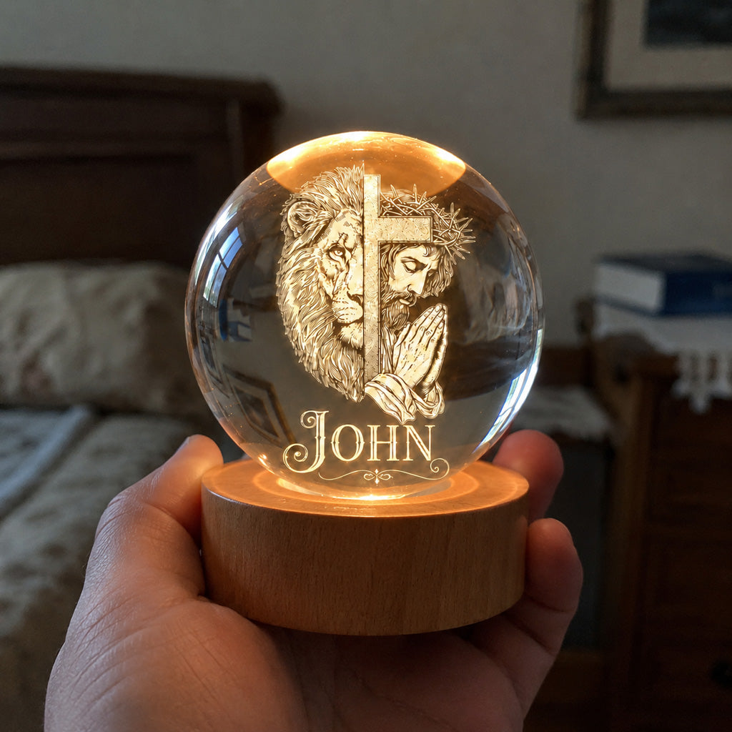 Personalized Christian Crystal Night Light with Lion, Cross, and Jesus — Strength