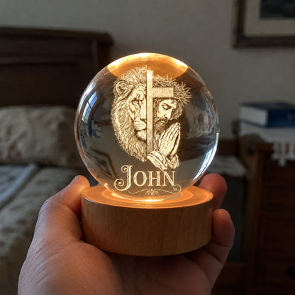 Personalized Christian Crystal Night Light with Lion, Cross, and Jesus — Strength