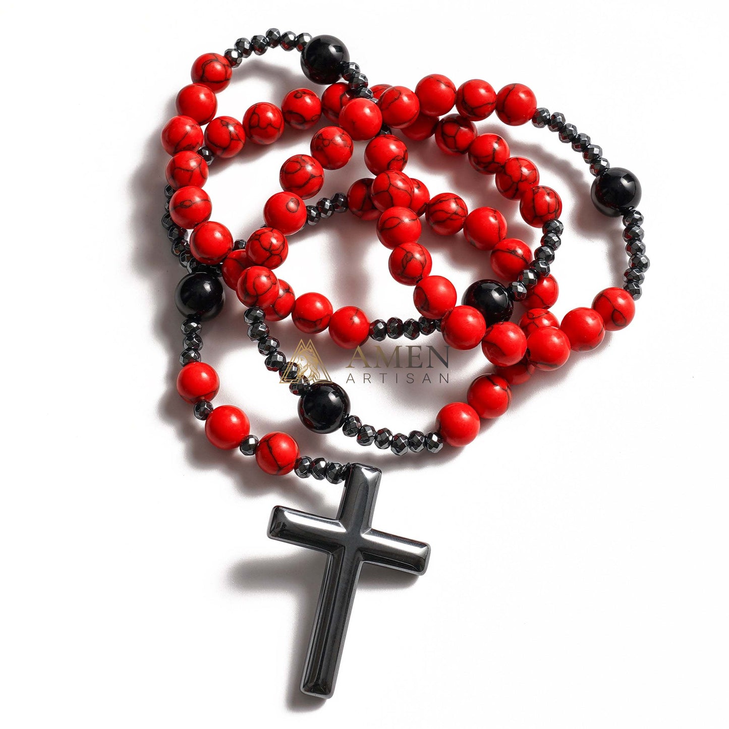 Red Turquoise Cross Rosary Amen Artisan