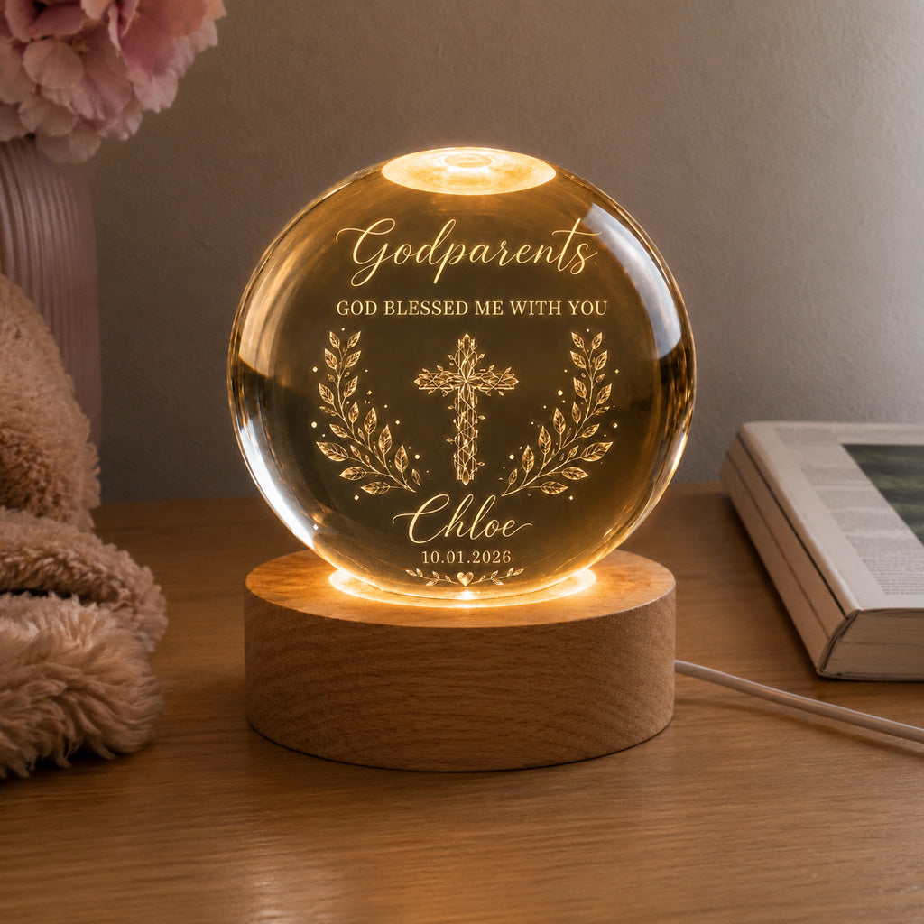 Personalized Godparents Crystal Night Light with Cross, Name, and Date — Faith Keepsake