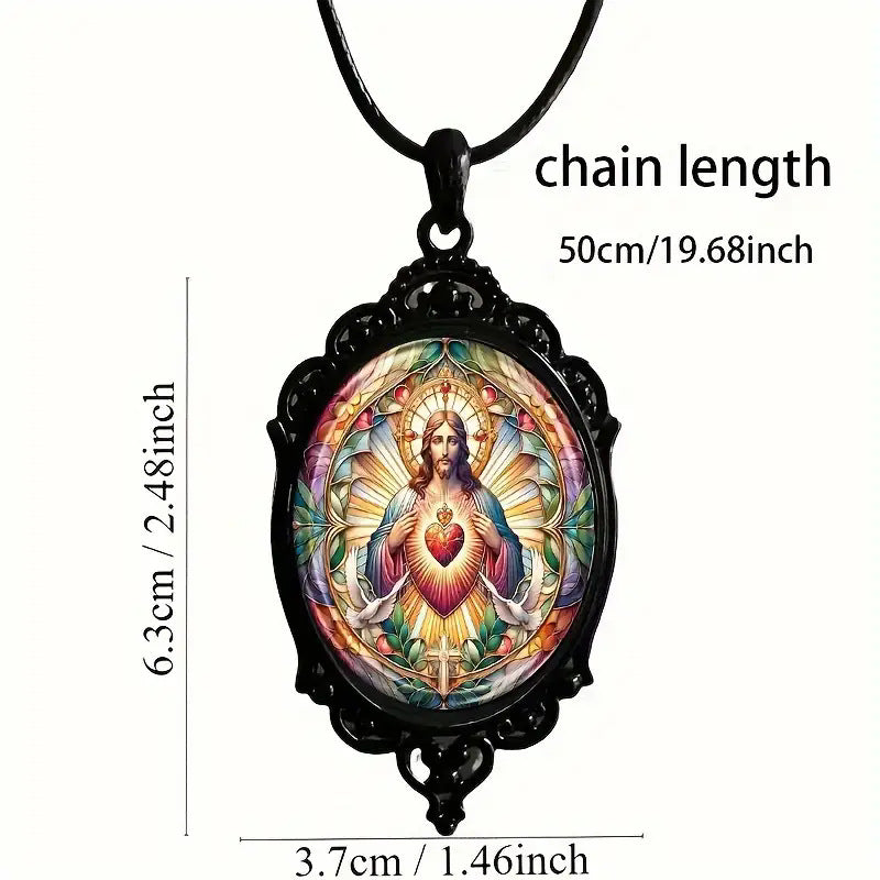 Simple black lace-edged base oval crystal Sacred Heart pendant