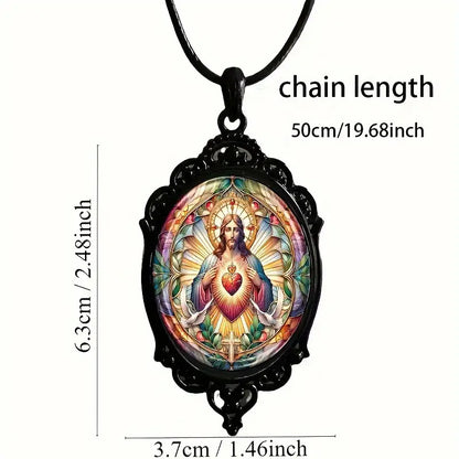 Simple black lace-edged base oval crystal Sacred Heart pendant