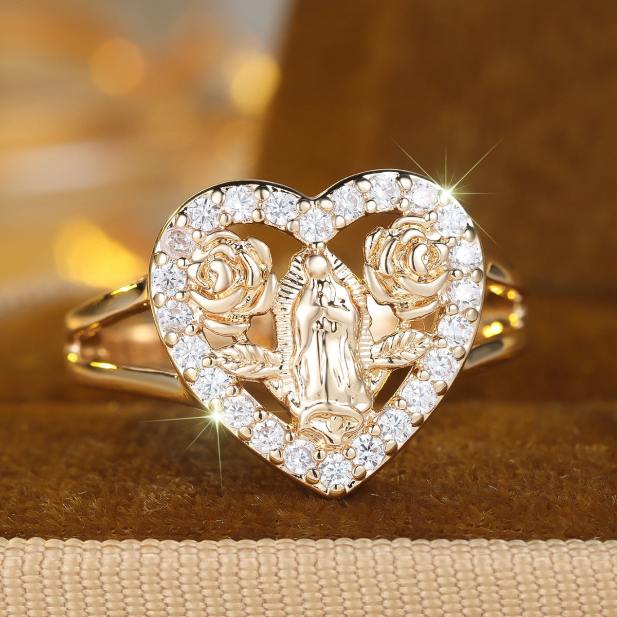 Virgin Mary Heart Ring with Rose Details