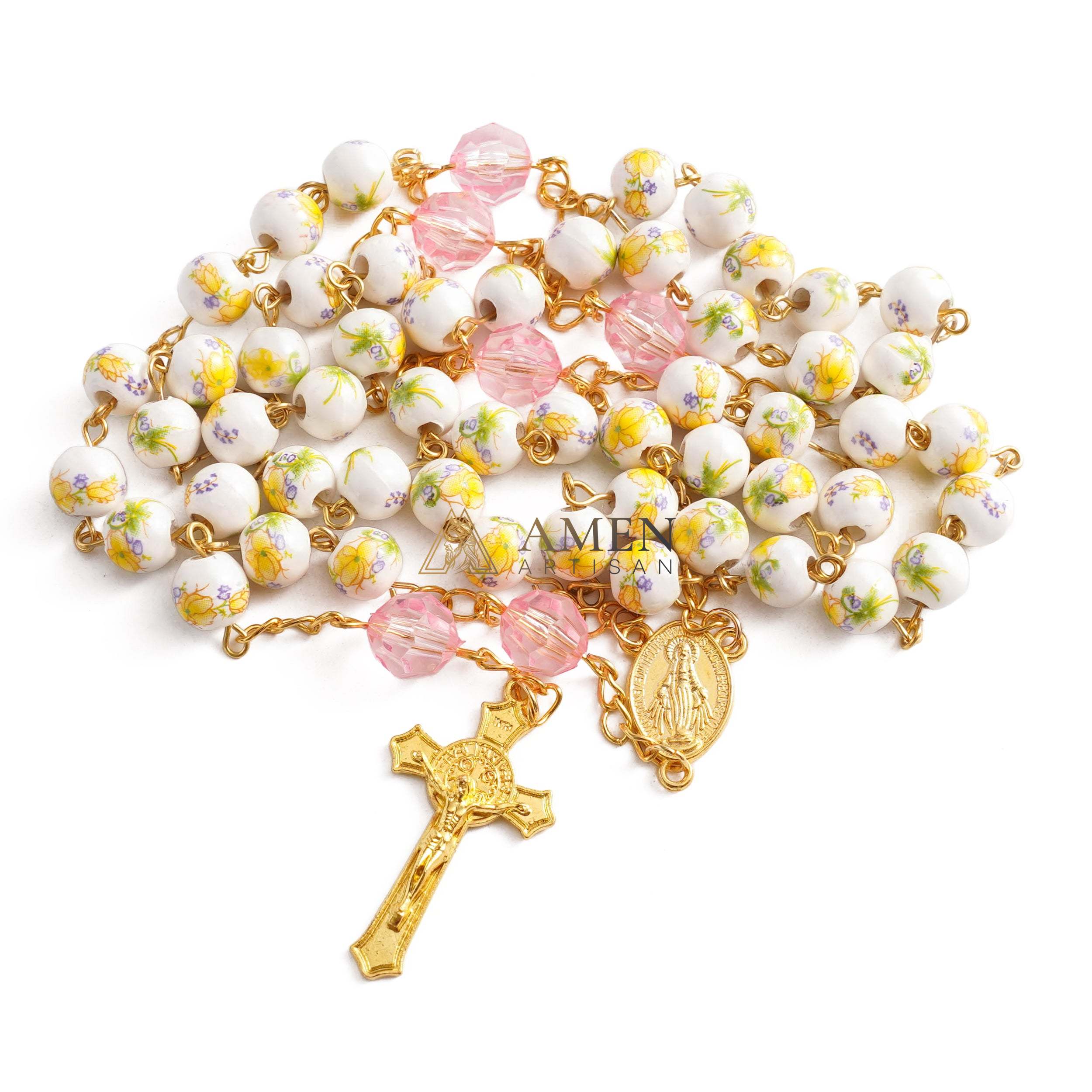 Yellow Daffodils Pink Glass Crystal Miraculous Medal Crucifix