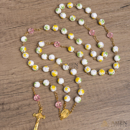 Yellow Floral Ceramic Rosary Amen Artisan
