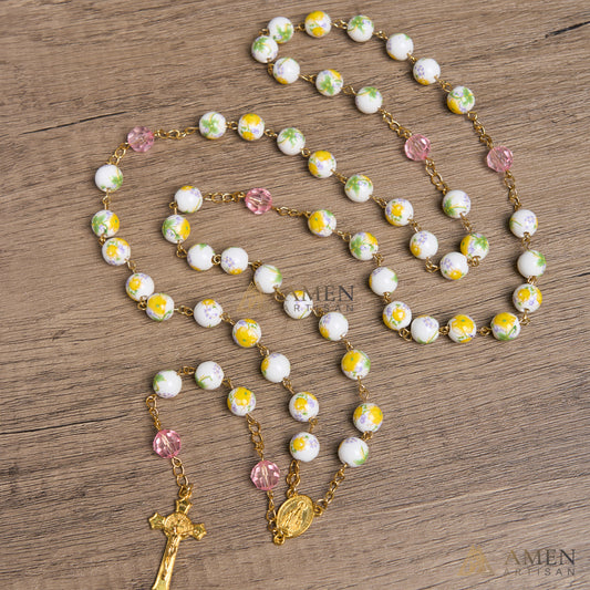 Yellow Floral Ceramic Rosary Amen Artisan