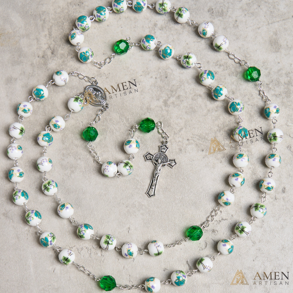 Cyan Floral Ceramic Rosary Amen Artisan
