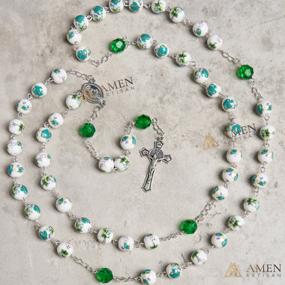 Cyan Floral Ceramic Rosary Amen Artisan