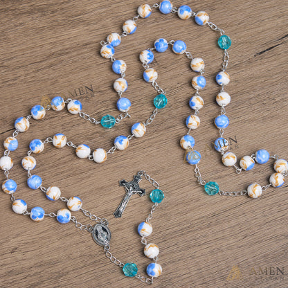 Blue Floral Ceramic Rosary Amen Artisan