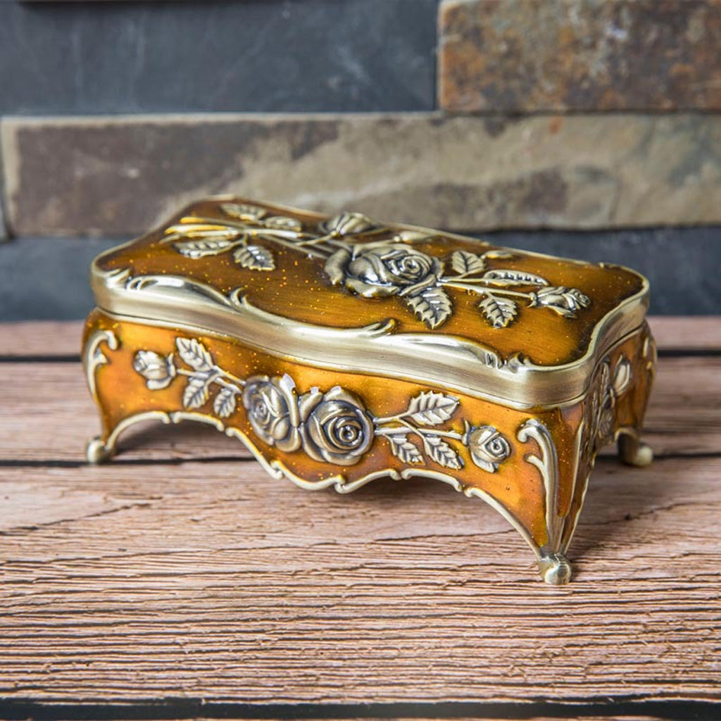 Vintage Rose Metal Rosary Keepsake Box with Raised Floral Details