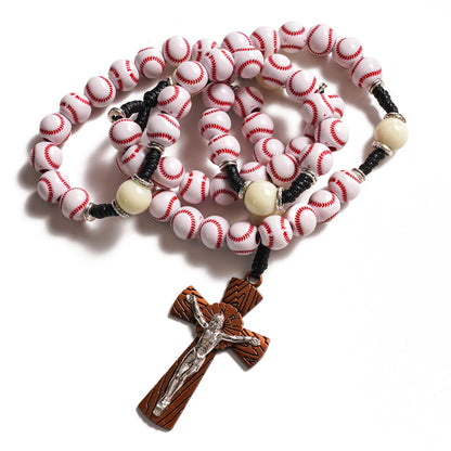 “Home Run” Handcrafted Baseball Rosary with Baseball-Stitch Beads and Wood-Grain Crucifix — Faith for Every Season