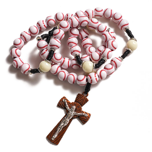 “Home Run” Handcrafted Baseball Rosary with Baseball-Stitch Beads and Wood-Grain Crucifix — Faith for Every Season