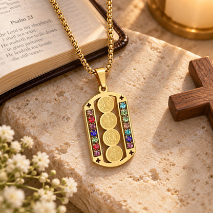 St. Benedict Medal Necklace — 316 Stainless Steel with Multicolor Stone Accents