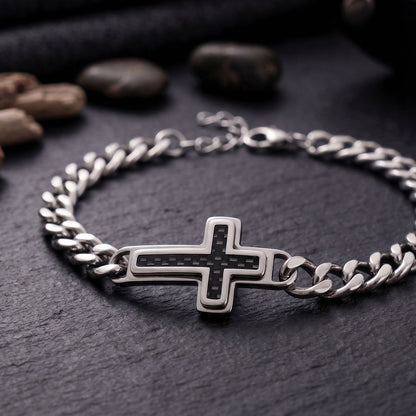 Clean-Lined Cross Bracelet with Curb Chain — Faith and Strength