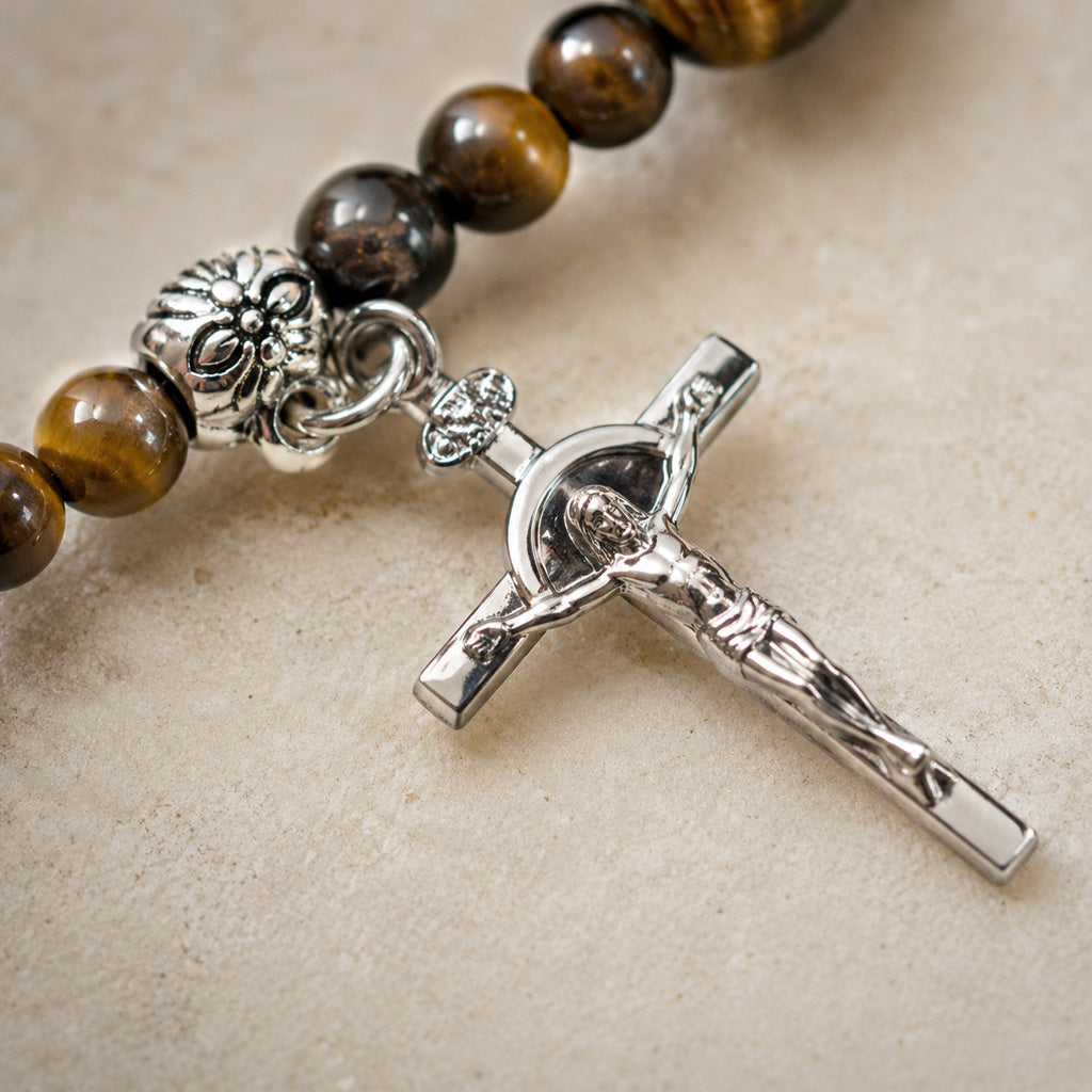 Natural Tiger Eye Prayer Bracelet with Mary Medal and Crucifix Charm