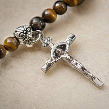 Natural Tiger Eye Prayer Bracelet with Mary Medal and Crucifix Charm
