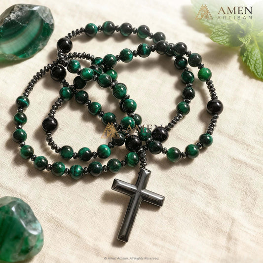 Green Tiger Eye Cross Rosary Amen Artisan